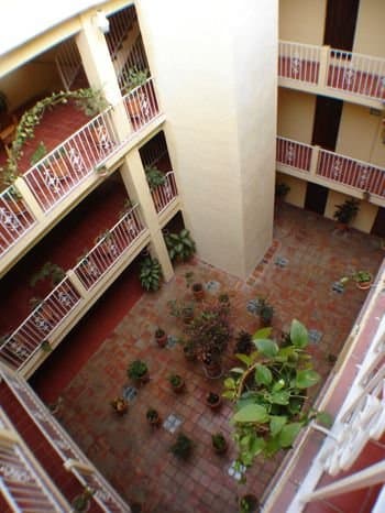 A serene courtyard with terracotta-tiled floors, lush potted plants, and balconies adorned with greenery offers a tranquil retreat for travelers seeking relaxation in a cozy hotel setting.