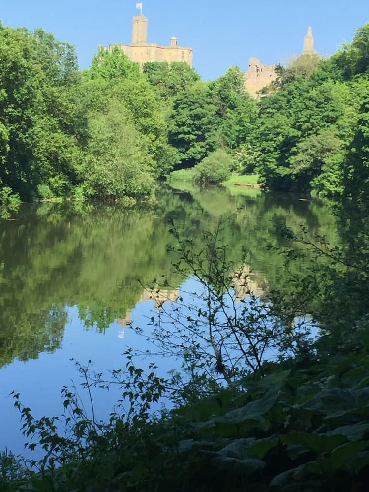 A serene lakeside scene with lush greenery framing a historic castle reflected in the calm water, ideal for tranquil nature walks and photography enthusiasts.