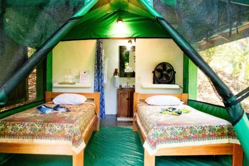 A cozy glamping tent setup features two wooden beds adorned with colorful linens, a small vanity area, and lush greenery visible through the mesh walls, ideal for travelers seeking a serene outdoor retreat experience.