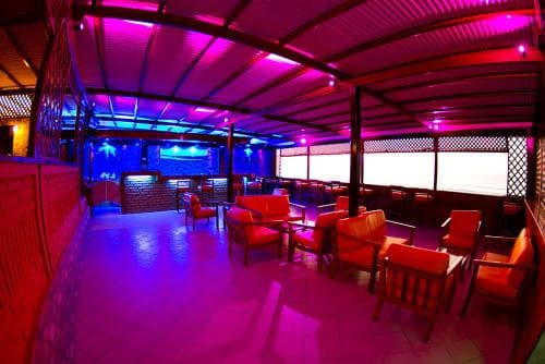 A vibrant rooftop lounge bathed in neon pink lights features cozy seating arrangements under a corrugated metal roof, ideal for evening social gatherings and nightlife exploration.