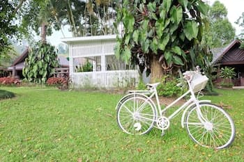 A serene tropical garden features a white bicycle parked on lush green grass near a large leafy tree, with a charming gazebo in the background, ideal for leisurely bike tours and nature photography.