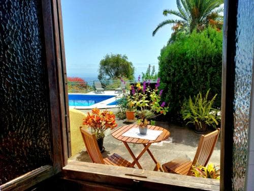A serene outdoor patio with vibrant flowers, wooden furniture, and a view of a pool and ocean through glass doors invites travelers seeking relaxation in a tropical resort setting.