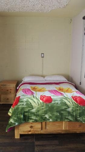 A cozy bedroom with a wooden bed adorned in a vibrant floral blanket creates a warm and inviting atmosphere, ideal for travelers seeking a comfortable and budget-friendly accommodation.
