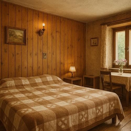 A cozy cabin bedroom with wooden paneling, warm lighting, and a checkered bedspread invites travelers seeking a rustic retreat.