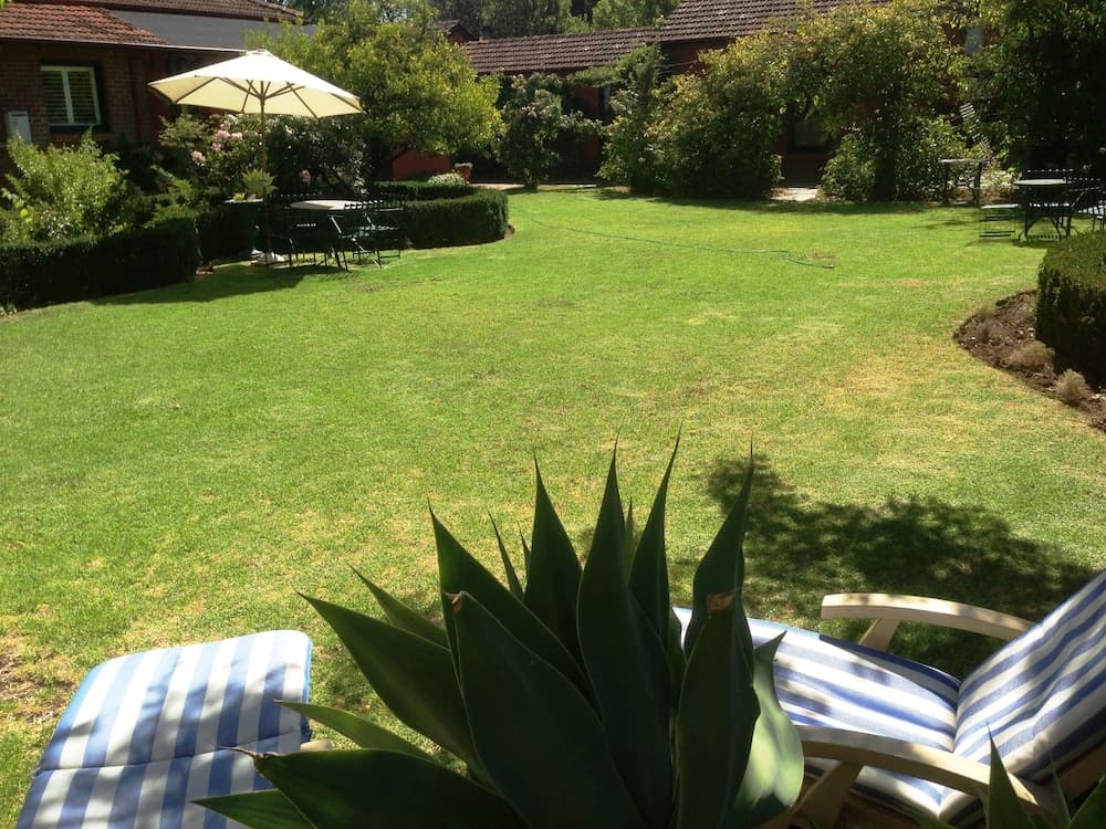 A serene suburban backyard features lush green grass, striped lounge chairs, an agave plant in the foreground, and a shaded dining area under a beige umbrella, ideal for relaxing or hosting outdoor gatherings.