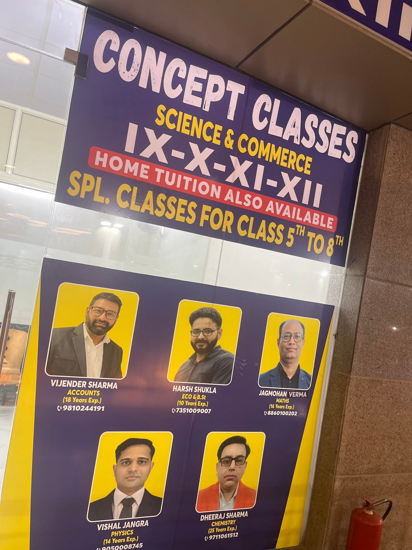 A vibrant educational advertisement board for Concept Classes in Gurugram, featuring experienced tutors for science and commerce subjects, set against a modern corporate park backdrop, ideal for travelers seeking academic support or local business insights.