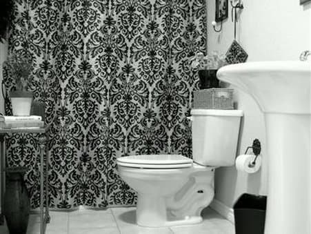 A stylish black-and-white bathroom features a bold patterned shower curtain, creating an elegant and modern atmosphere ideal for interior design inspiration.