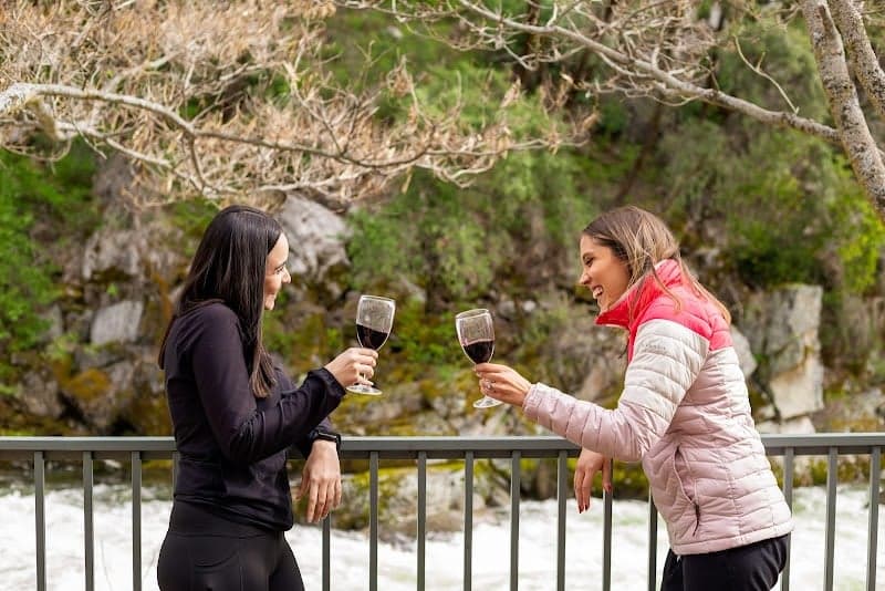 Two women enjoy a cheerful toast with wine glasses on a scenic balcony overlooking a rushing river, surrounded by lush greenery, ideal for travelers seeking relaxation and natural beauty in a lodge setting.
