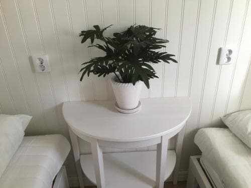 A cozy indoor seating area features a white half-moon table with a lush green potted plant, set against a serene backdrop of white paneled walls, ideal for a relaxing retreat or a minimalist home decor inspiration.