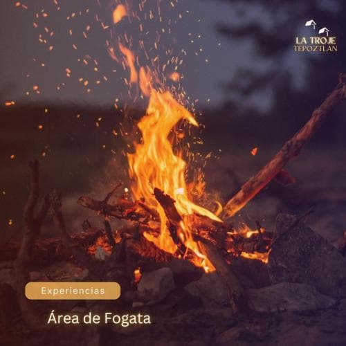 A cozy campfire area crackles with warm flames and flying embers, creating an inviting atmosphere perfect for outdoor gatherings and relaxation experiences.