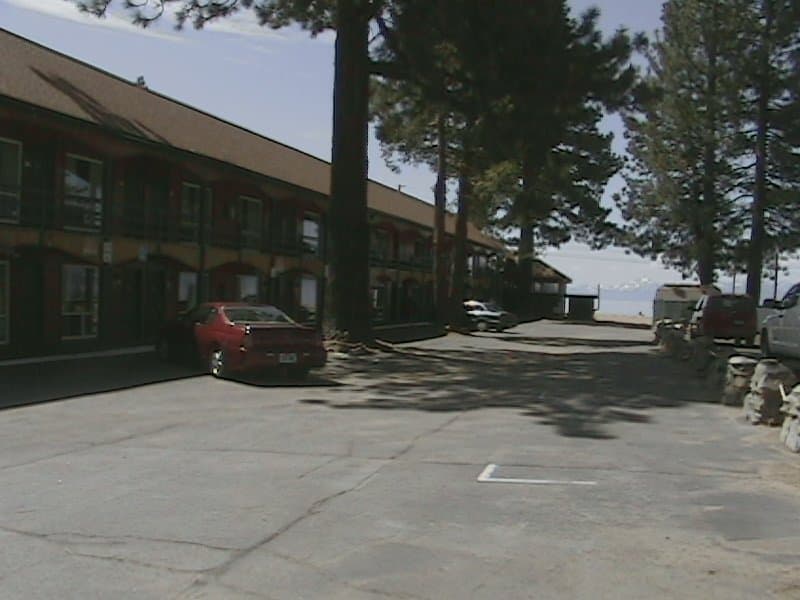A serene motel courtyard surrounded by towering pine trees offers a tranquil retreat, ideal for travelers seeking relaxation in a natural setting, with parked cars and a clear sky enhancing the peaceful ambiance.