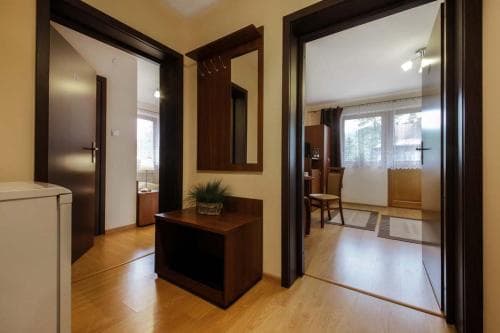 A cozy apartment hallway with wooden floors, a small console table adorned with a plant, and open doors leading to bright rooms, ideal for travelers seeking a comfortable and inviting stay.