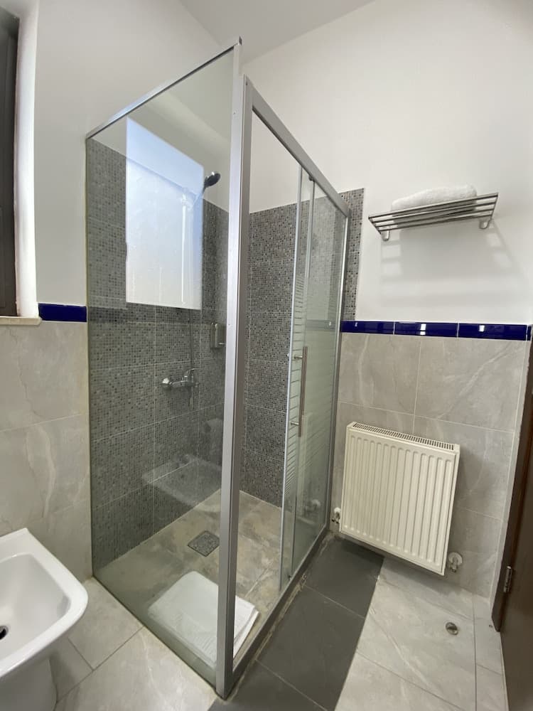 A modern bathroom with a glass-enclosed shower, tiled walls, and a sleek radiator offers a clean and functional space ideal for travelers seeking comfort and hygiene in their accommodations.