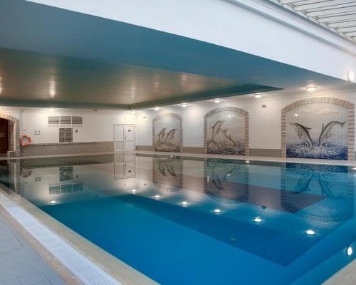 A serene indoor swimming pool features dolphin murals on the walls, creating a tranquil aquatic atmosphere ideal for relaxation and leisure activities.
