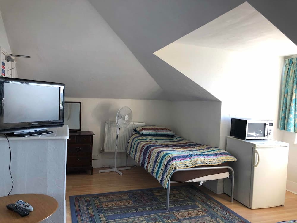 A cozy attic studio apartment features a single bed under a slanted ceiling, a flat-screen TV, a small kitchenette with a microwave and fridge, and a patterned rug, ideal for budget travelers seeking a compact yet functional space.