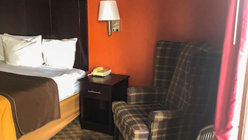 A cozy hotel room features a neatly made bed beside an orange wall with a lamp, a plaid armchair, and a nightstand with a phone, ideal for travelers seeking comfort and relaxation.