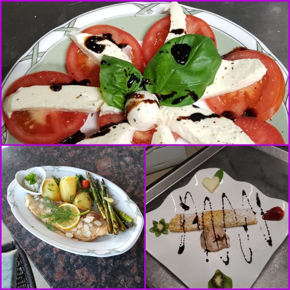 A vibrant collage showcases gourmet dishes including a fresh Caprese salad, a seafood plate with asparagus and potatoes, and a dessert drizzled with chocolate sauce, perfect for culinary enthusiasts exploring diverse dining experiences.