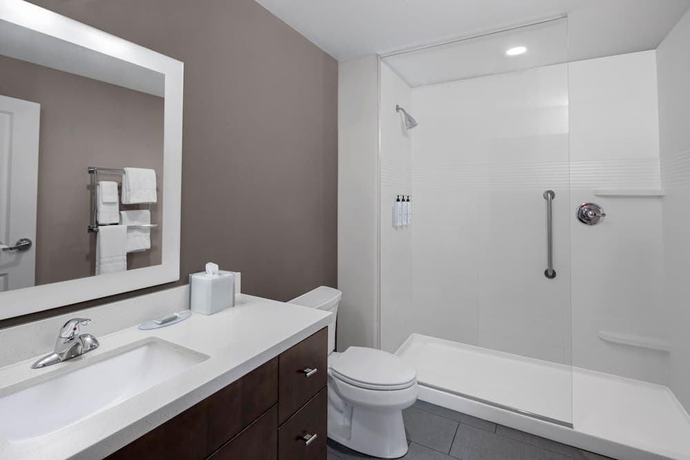 A modern bathroom with a sleek vanity, large mirror, walk-in shower, and neatly arranged towels exudes a clean and inviting atmosphere, ideal for travelers seeking comfort in accommodations.