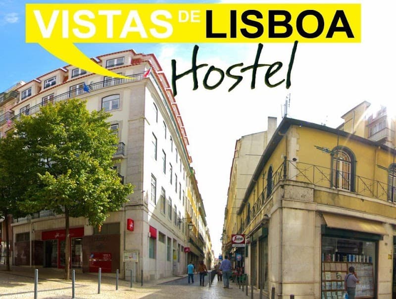A sunny day in Lisbon showcases the charming Vistas de Lisboa Hostel on a bustling street lined with colorful buildings, perfect for travelers seeking a cozy urban retreat.