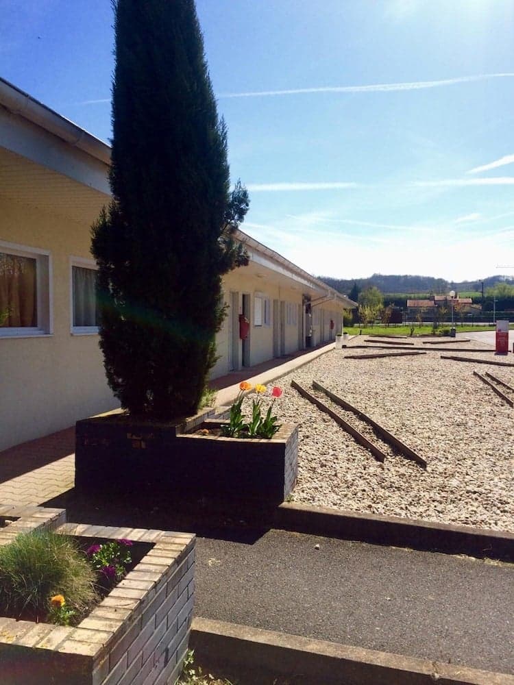 A serene motel courtyard features a tall cypress tree in a planter, vibrant tulips, and gravel pathways under a clear blue sky, ideal for travelers seeking a peaceful rural retreat.