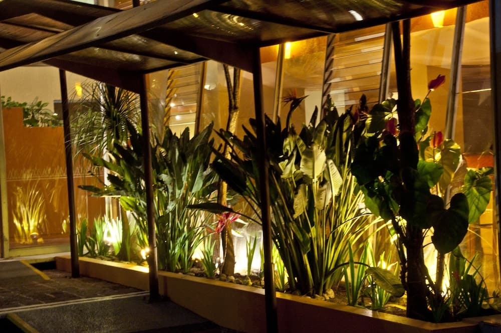 A warmly lit indoor garden with lush tropical plants and vibrant flowers creates an inviting atmosphere at a modern urban retreat, perfect for travelers seeking relaxation and natural beauty.