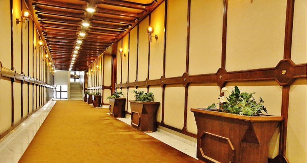 A warmly lit hotel corridor with wooden paneling, potted plants, and elegant wall sconces creates an inviting atmosphere ideal for travelers seeking comfort and style.