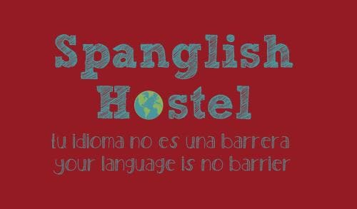 A vibrant red background highlights the "Spanglish Hostel" logo with bilingual text, inviting travelers seeking a language-friendly accommodation experience.