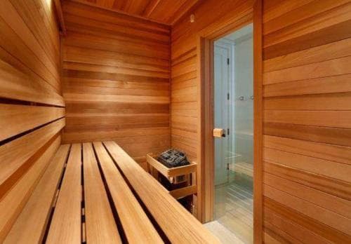 A cozy wooden sauna with tiered benches and a glass-enclosed shower offers a serene relaxation spot ideal for wellness retreats.