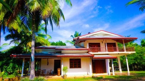 A serene tropical villa surrounded by lush greenery and palm trees under a vibrant blue sky, ideal for a peaceful vacation retreat.
