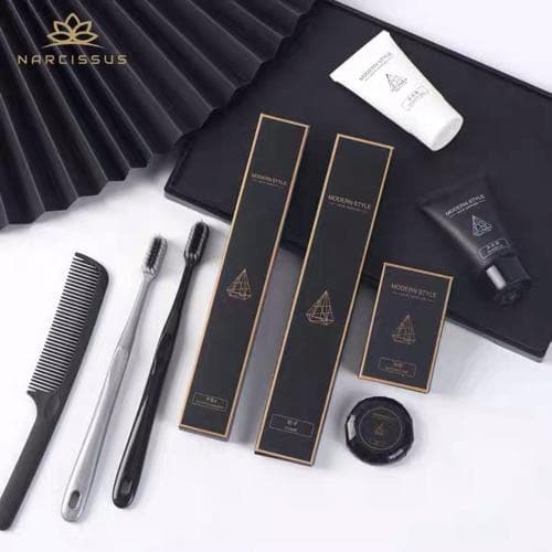 A sleek black grooming set featuring toothbrushes, combs, and toiletries arranged on a modern tray, ideal for travelers seeking stylish personal care essentials.