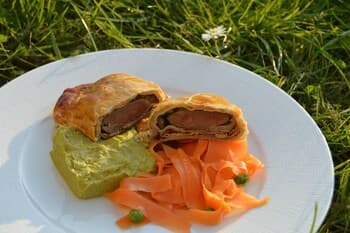 A serene picnic scene features a plate of savory pastries, vibrant carrot slices, and green guacamole on lush grass, ideal for outdoor dining enthusiasts seeking a relaxing meal in nature.