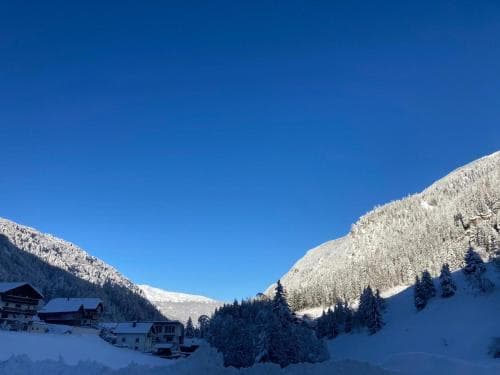 A serene winter landscape features snow-covered chalets nestled among pine trees under a clear blue sky, ideal for skiing and alpine relaxation.