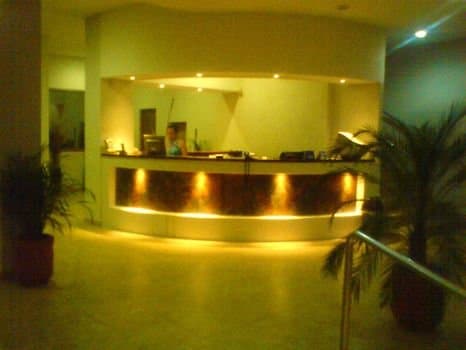 A warmly lit hotel lobby features a curved reception desk with a staff member behind it, surrounded by potted plants, creating an inviting atmosphere ideal for travelers seeking accommodation.