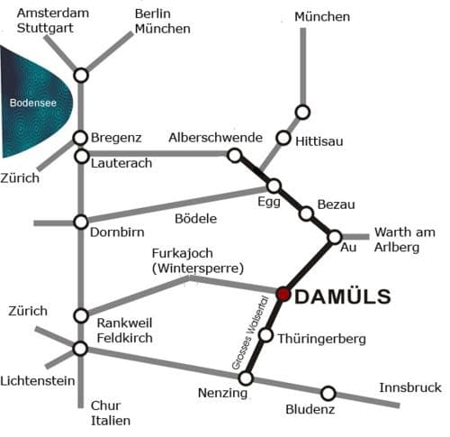 A detailed railway map highlights the scenic route connecting Damüls to various European cities like Zurich, Munich, and Innsbruck, ideal for travelers seeking an adventurous journey through picturesque landscapes.