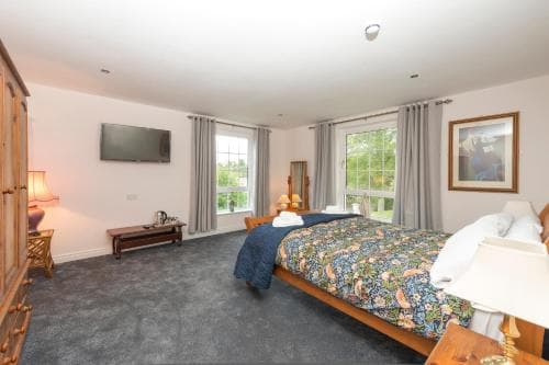 A cozy hotel bedroom features a floral-patterned bed, large windows with curtains, a mounted TV, and warm lighting, ideal for travelers seeking comfort and relaxation.