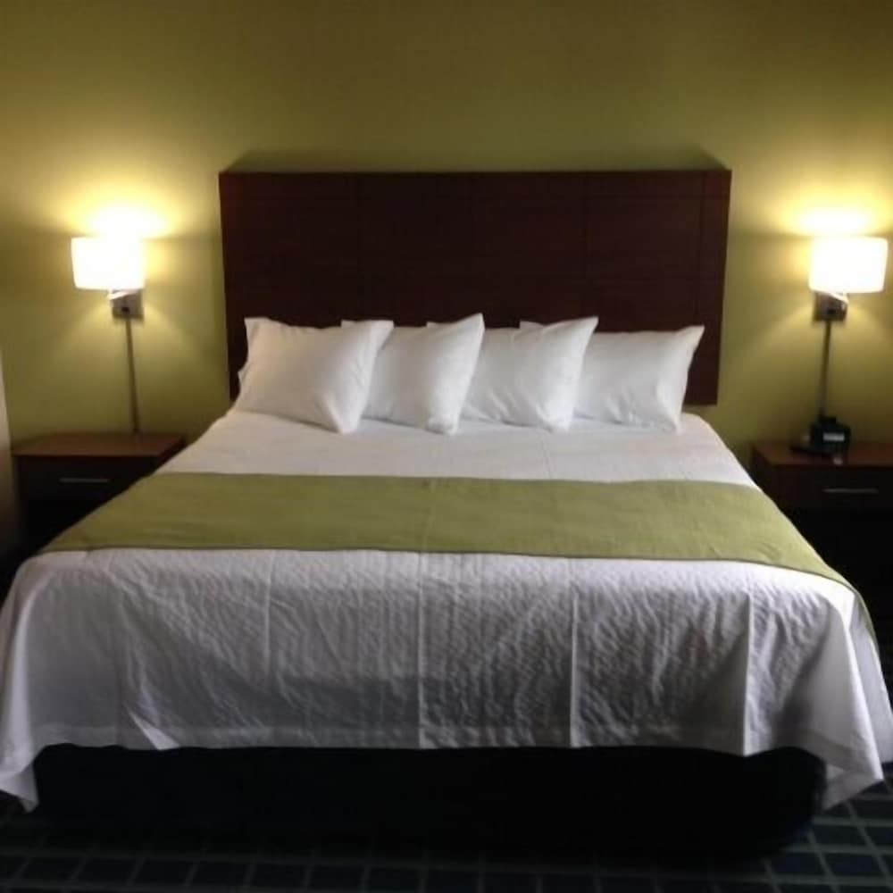 A cozy hotel room features a neatly made bed with white linens and a green accent, flanked by wooden nightstands and warm wall-mounted lamps, ideal for travelers seeking comfort and relaxation.