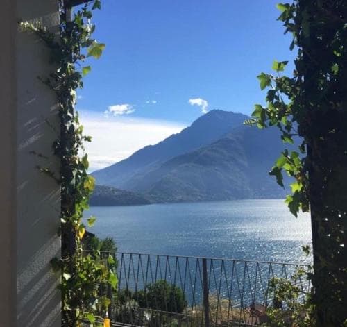 A serene balcony view framed by lush greenery overlooks a sparkling lake and majestic mountains, ideal for travelers seeking tranquil retreats in scenic locations.