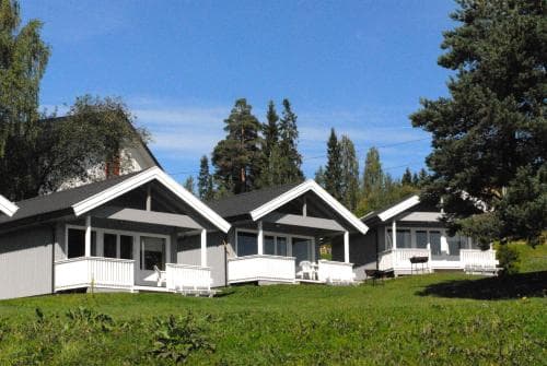 A serene row of cozy cottages nestled among lush greenery under a clear blue sky, ideal for a tranquil family getaway in a forested retreat.