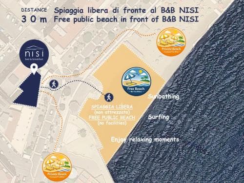 A vibrant map highlights a free public beach near a B&B, showcasing sunbathing spots, surfing areas, and a relaxed seaside atmosphere ideal for travelers seeking leisure by the sea.