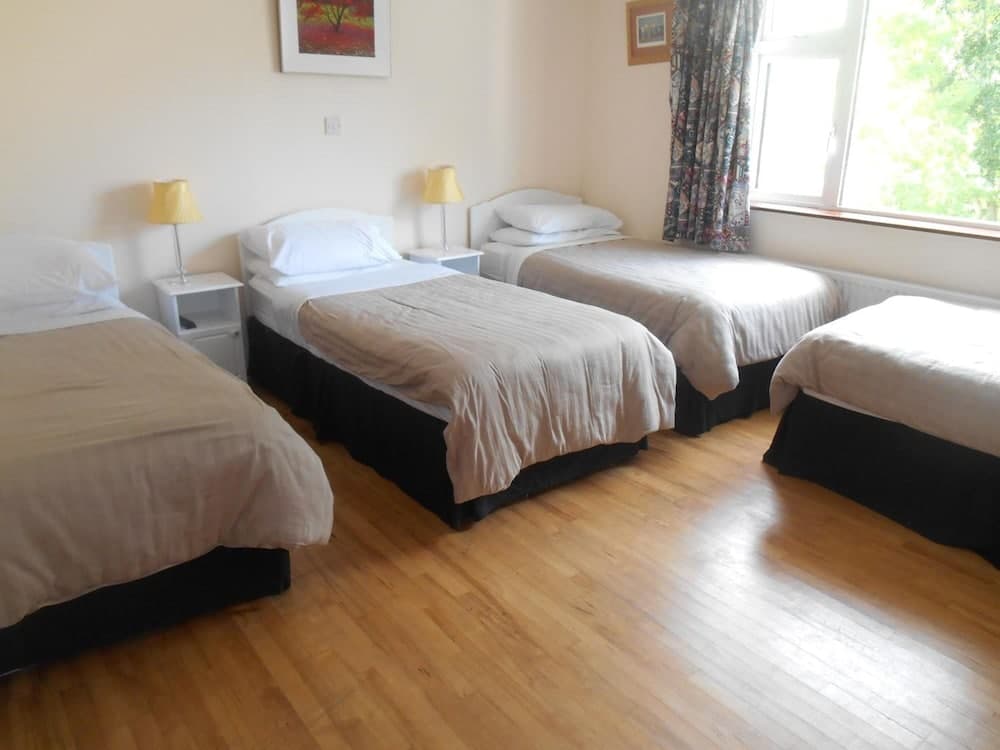 A cozy dormitory-style room with four neatly arranged single beds, wooden flooring, soft lighting from bedside lamps, and a window offering a serene view of greenery, ideal for budget travelers seeking comfort and simplicity.