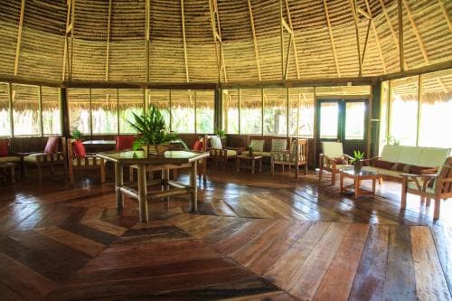 A serene tropical lodge features a spacious wooden interior with a thatched roof, cozy seating areas, and large windows inviting natural light, ideal for eco-tourists seeking relaxation in nature.