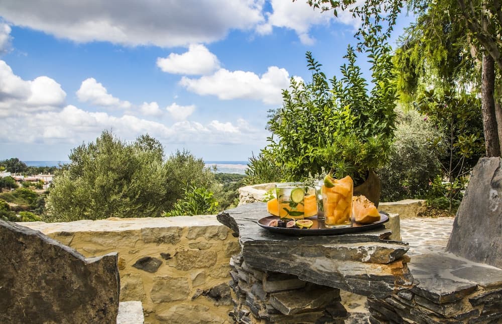 A serene outdoor patio with stone walls and lush greenery offers a picturesque view of the horizon under a partly cloudy sky, perfect for enjoying refreshing fruit-infused drinks in a tranquil retreat setting.