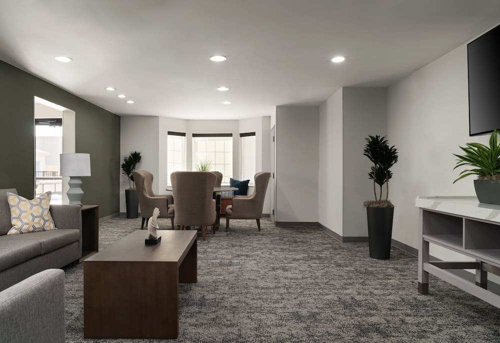 A cozy modern lounge with plush seating, large windows, and indoor plants creates a welcoming atmosphere ideal for travelers seeking relaxation in a hotel common area.