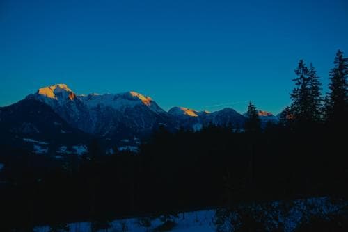 A serene twilight scene captures snow-capped mountains glowing under the deep blue sky, framed by dark silhouettes of pine trees, ideal for adventure seekers exploring alpine landscapes.