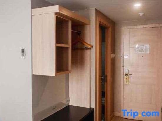 A cozy hotel room hallway features a built-in wooden wardrobe with hangers, a closed door with a keycard lock, and soft lighting, ideal for travelers seeking comfortable accommodations.