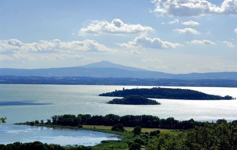 A serene lakeside landscape featuring lush green islands and distant mountains under a partly cloudy sky, ideal for tranquil retreats and nature photography.