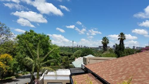 A serene rooftop view overlooking lush greenery and distant city skyscrapers under a bright blue sky, ideal for travelers seeking a peaceful urban retreat.