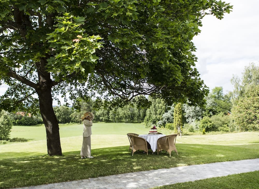 A serene park scene features a woman in vintage attire under a lush tree near a set table for two, ideal for romantic getaways or leisurely outdoor dining experiences.