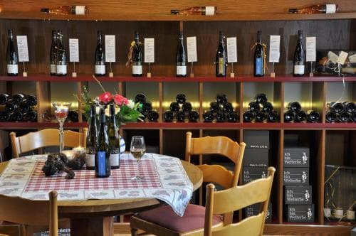 A cozy wine tasting room features a checkered tablecloth-covered table set with glasses and bottles, surrounded by shelves stocked with wine bottles, creating an inviting atmosphere for wine enthusiasts exploring local vintages.