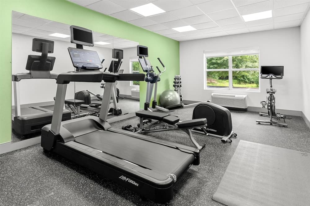 A well-lit indoor fitness center features treadmills, exercise bikes, and weight benches against green walls and large windows, ideal for travelers seeking a workout-friendly accommodation.